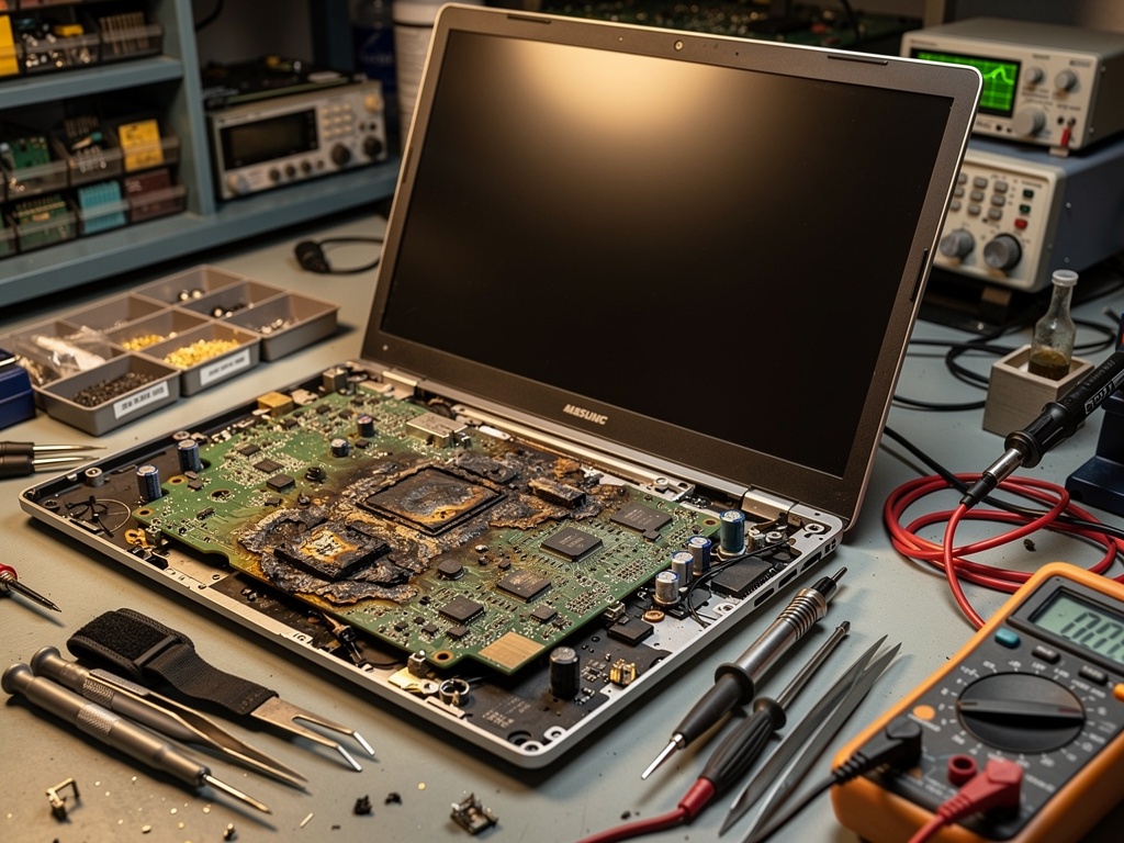 PC portable en panne ouvert sur établi avant réparation